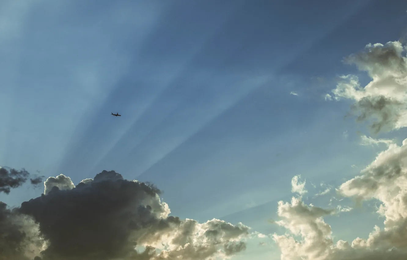 Photo wallpaper the sky, the sun, clouds, rays, blue