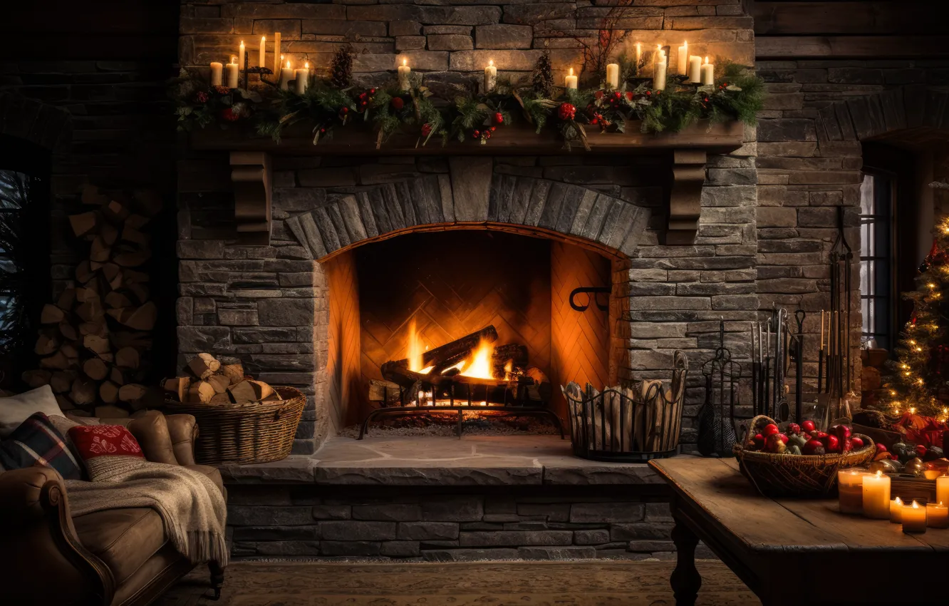 Photo wallpaper lights, comfort, heat, room, flame, furniture, new year, home