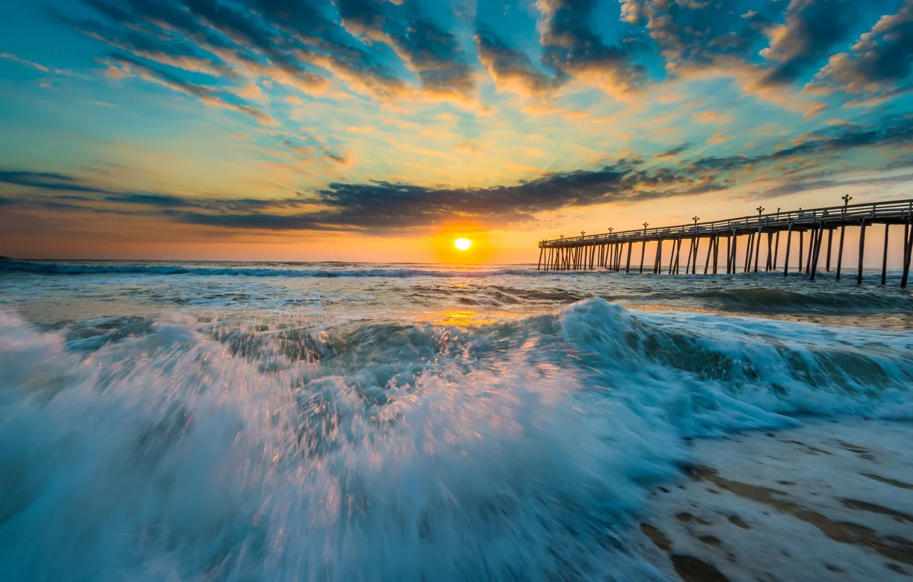 Photo wallpaper sunset, bridge, the ocean, wave