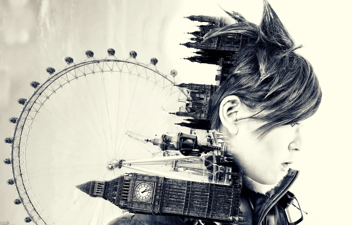 Photo wallpaper girl, game, cosplay, England, London Eye, Big Ben, Palace of Westminster, United Kingdom