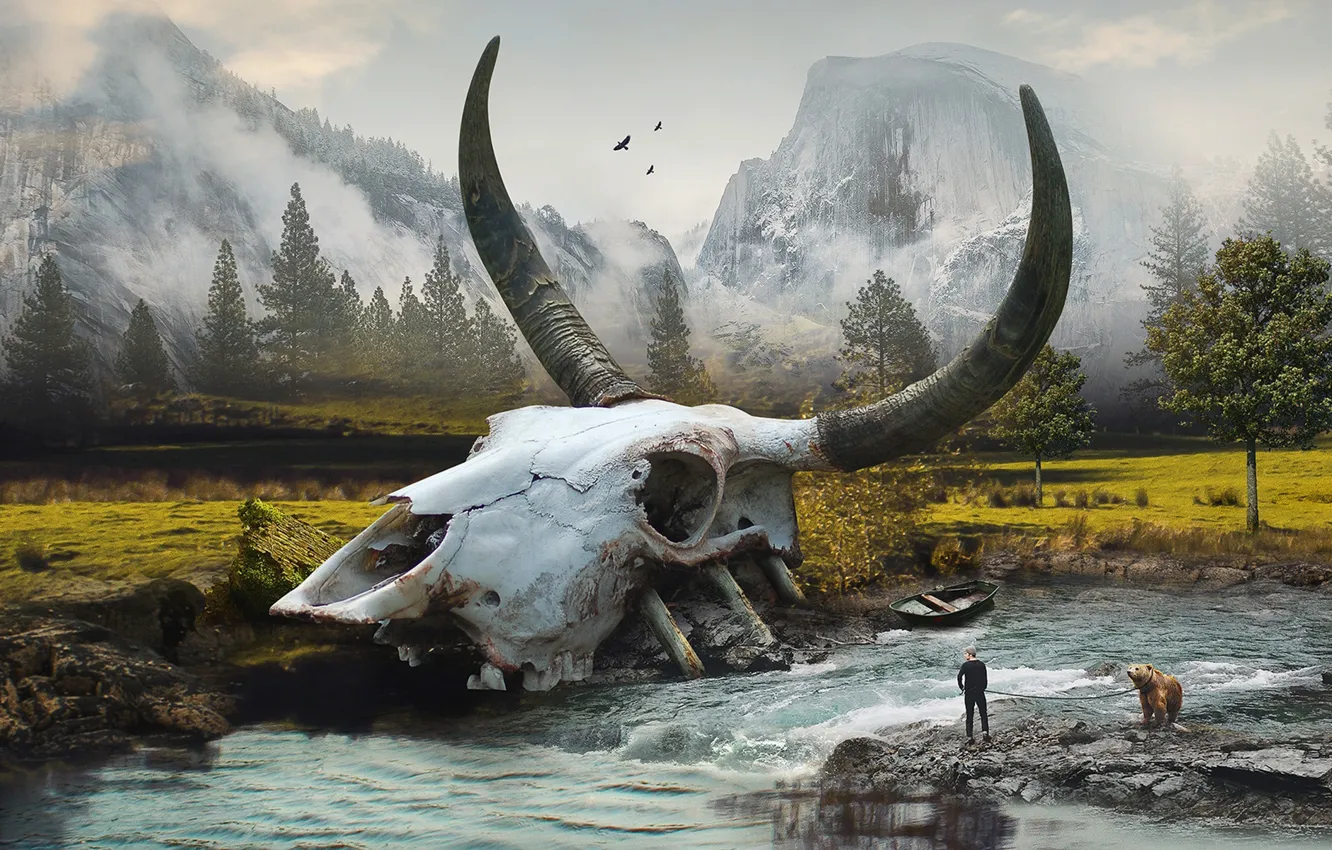 Photo wallpaper landscape, river, skull, bear, leash, guy