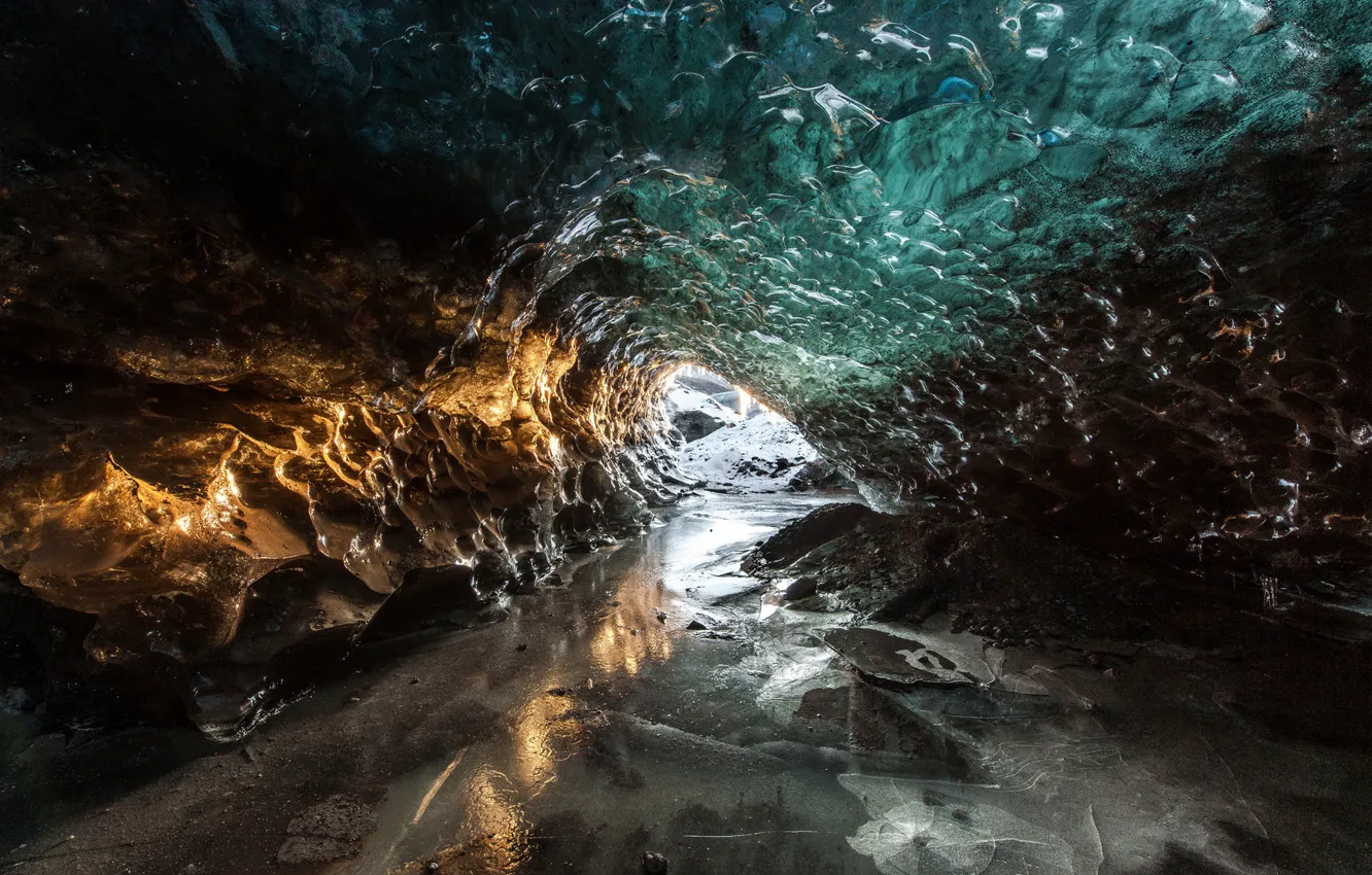 Photo wallpaper cold, ice, light, cave, entrance, the grotto