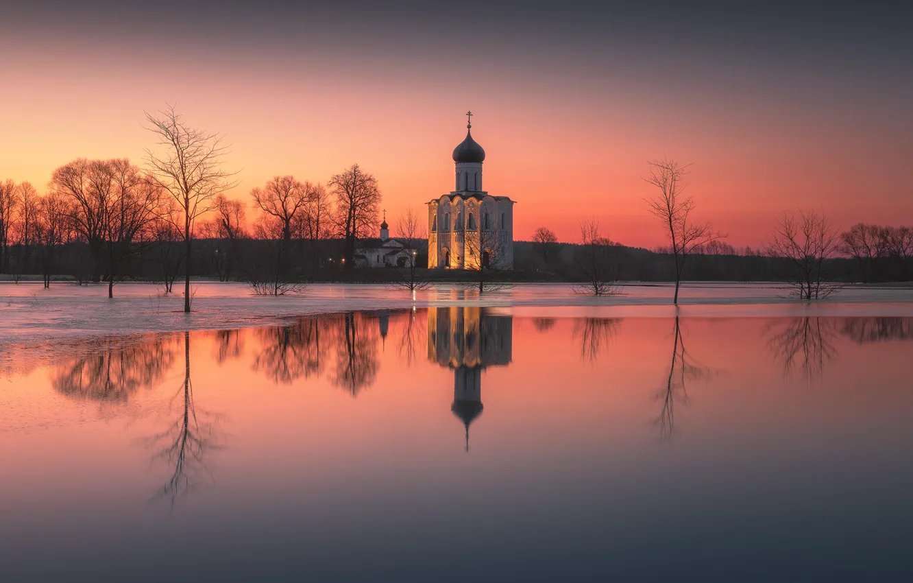 Photo wallpaper sunset, spring, Church, Politova Anna