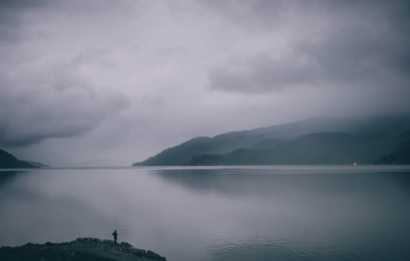 Photo wallpaper the sky, clouds, landscape, mountains, nature, fog, lake, horizon