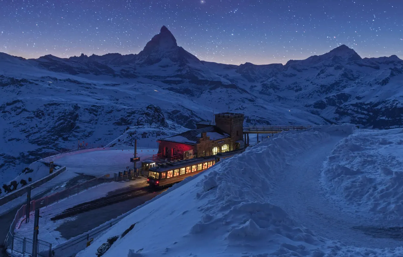 Photo wallpaper lights, Switzerland, Alps, Gornergrat railway station