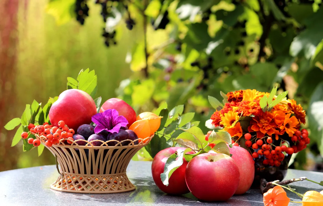 Photo wallpaper leaves, flowers, table, basket, apples, fruit, still life, plum