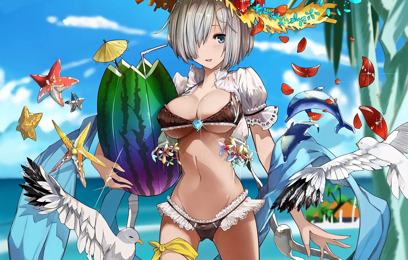 Photo wallpaper girl, sexy, cleavage, sky, sea, boobs, anime, beautiful