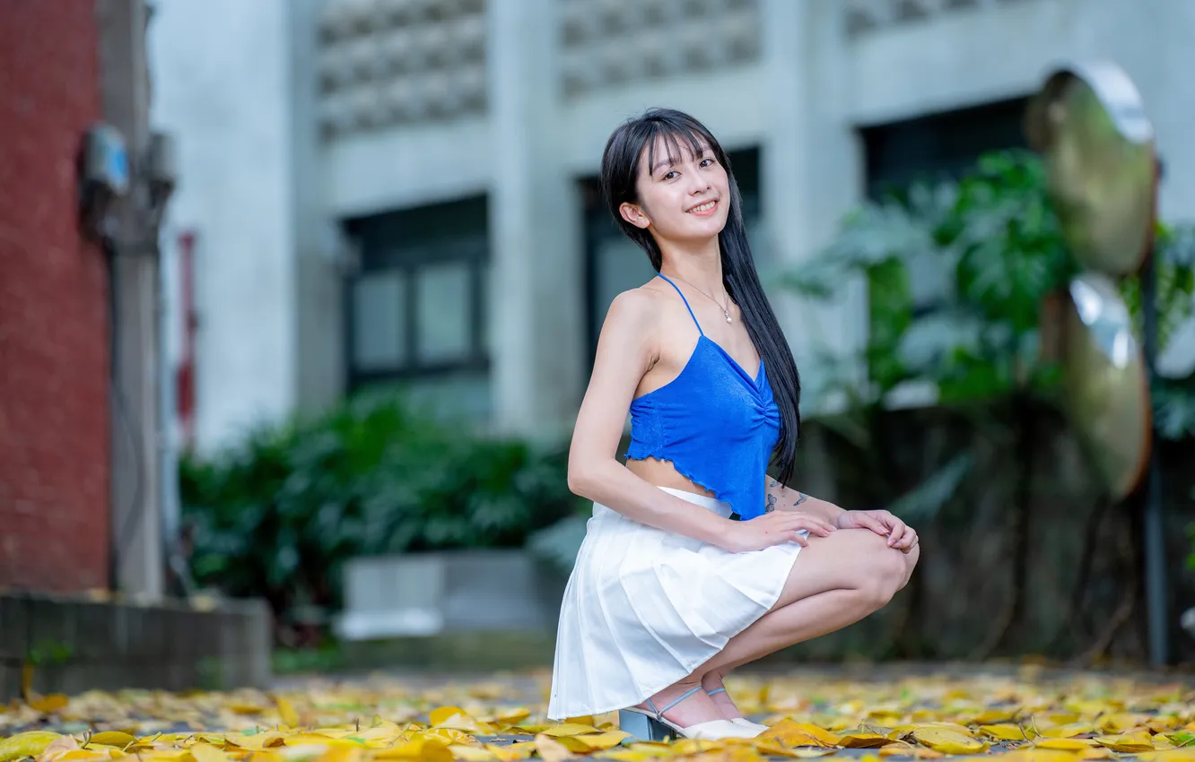 Photo wallpaper smile, feet, skirt, Mike, Asian, sitting