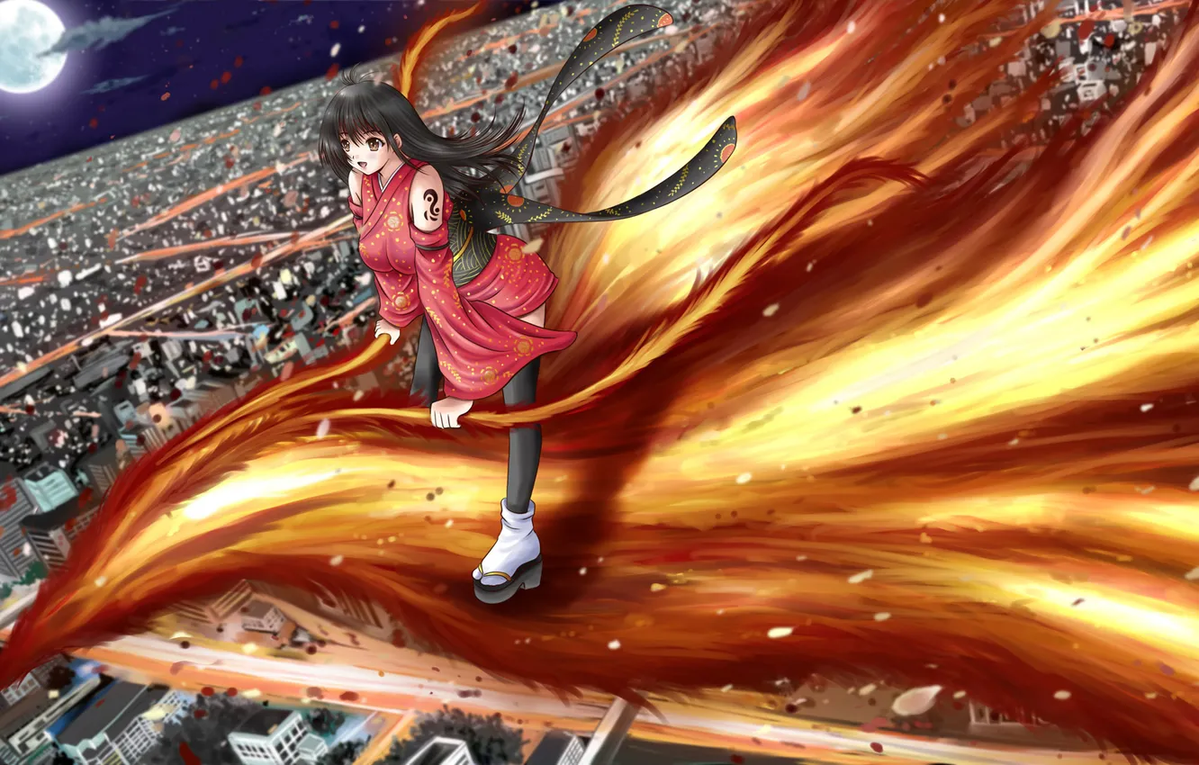 Photo wallpaper girl, flight, night, the city, lights, bird, the moon, art