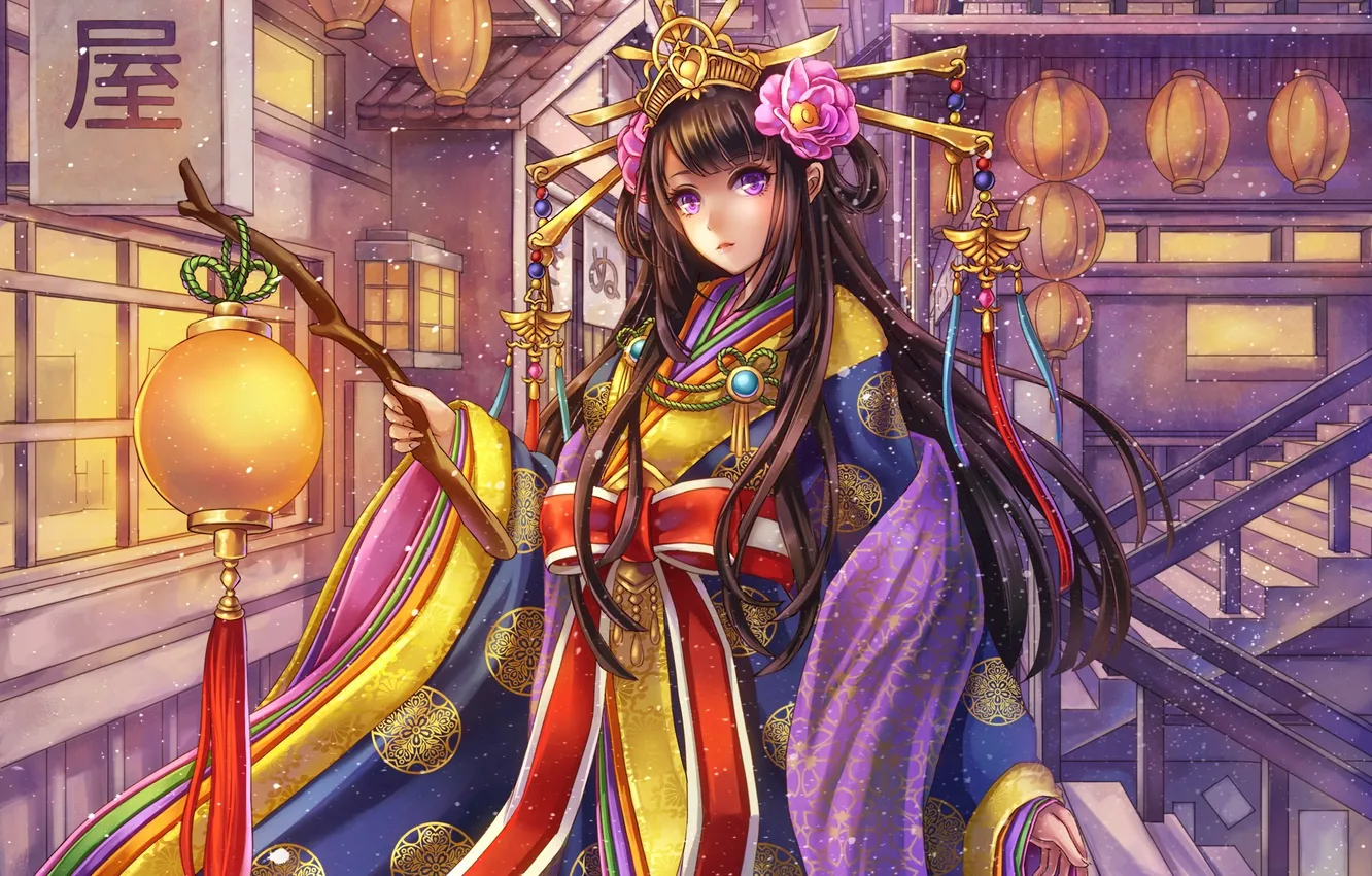 Photo wallpaper girl, the city, street, art, hairstyle, lights, outfit, barrette