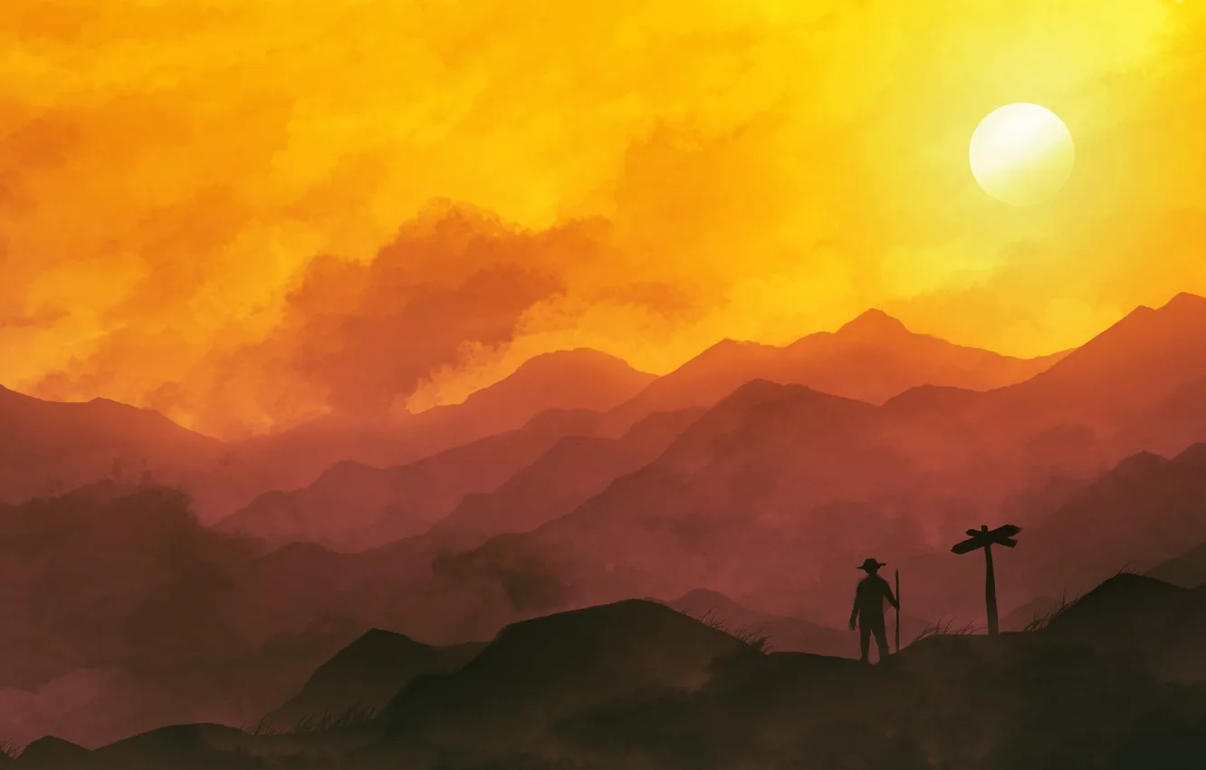 Photo wallpaper the sky, the sun, mountains, people, valley, horizon