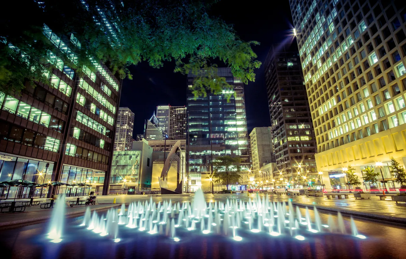 Photo wallpaper night, the city, backlight, fountain, Chicago, Daley Plaza