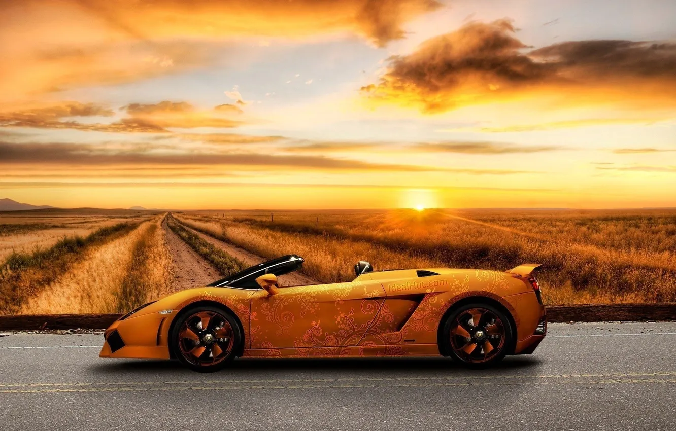 Photo wallpaper road, field, the sky, sunset, pattern, Lamborghini