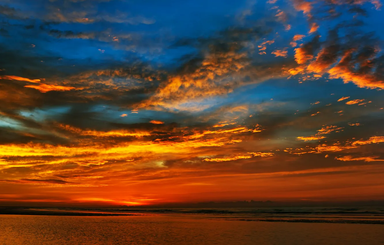 Photo wallpaper sea, the sky, clouds, sunset, horizon, glow