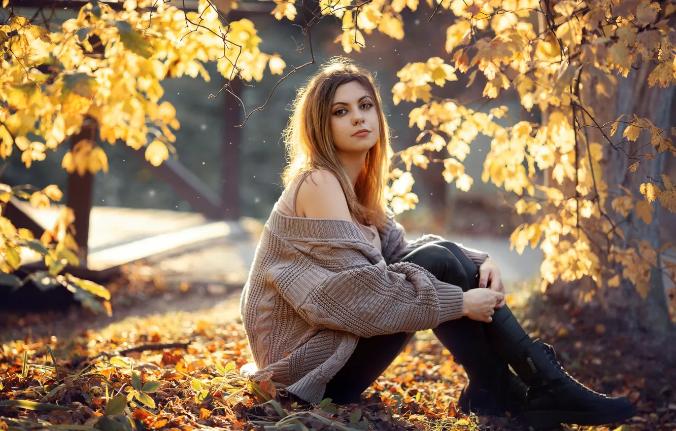 Photo wallpaper girls, nature, beautiful, autumn, leaves, bokeh