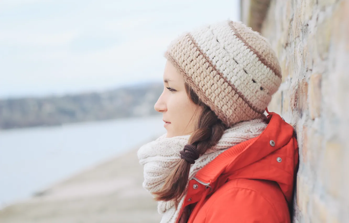 Photo wallpaper girl, hat, profile, scarf. pigtail