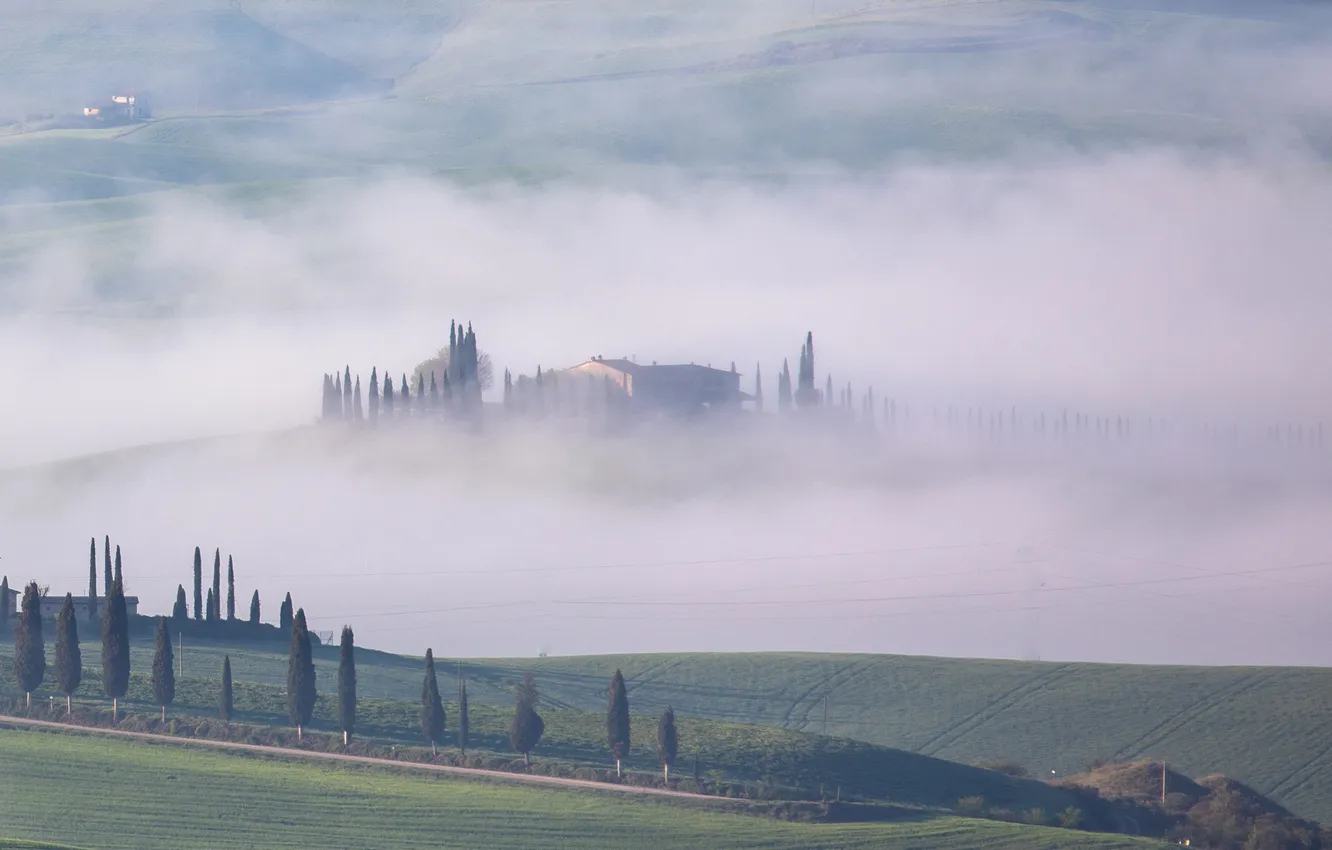 Photo wallpaper field, trees, fog, home, beauty, haze, structure, Tuscany