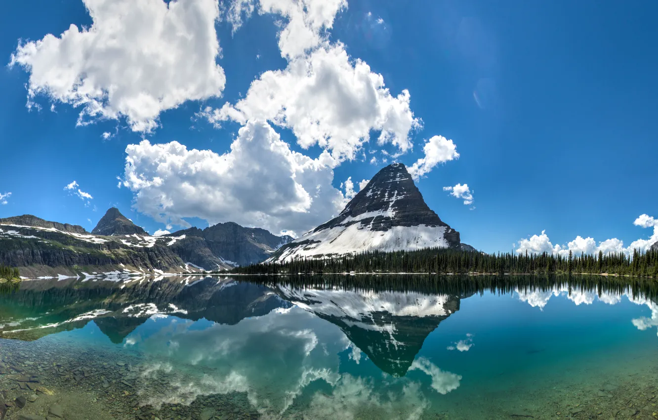 Photo wallpaper clouds, mountains, lake, reflection, panorama, Montana, Glacier National Park, Rocky mountains
