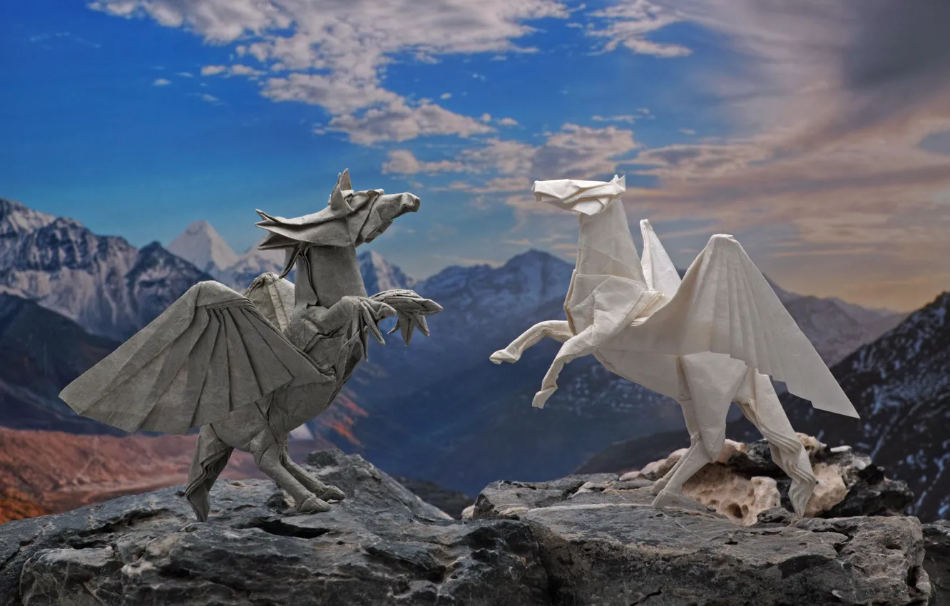 Photo wallpaper paper, horse, dragon, wings, origami