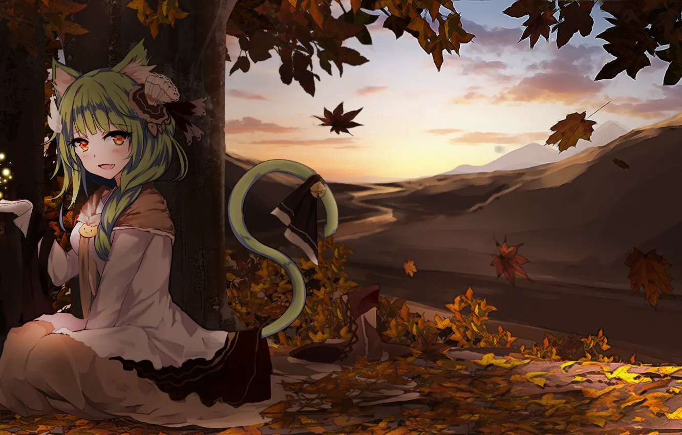 Photo wallpaper autumn, anime, girl, kitty