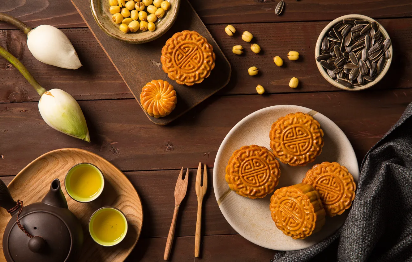 Photo wallpaper tea, cookies, Lotus