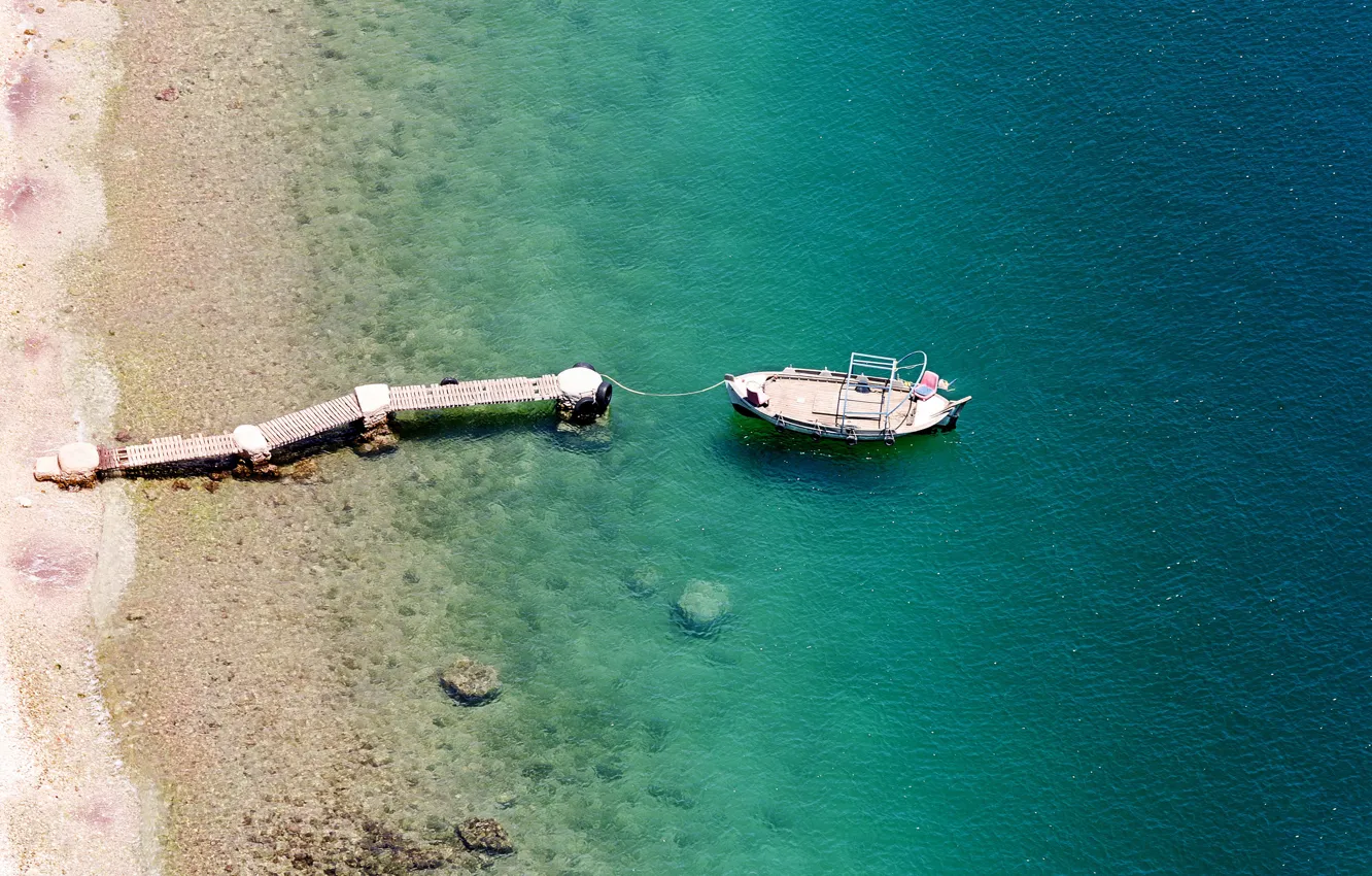 Photo wallpaper sea, shore, boat, pier, pierce, the view from the top, Barkas