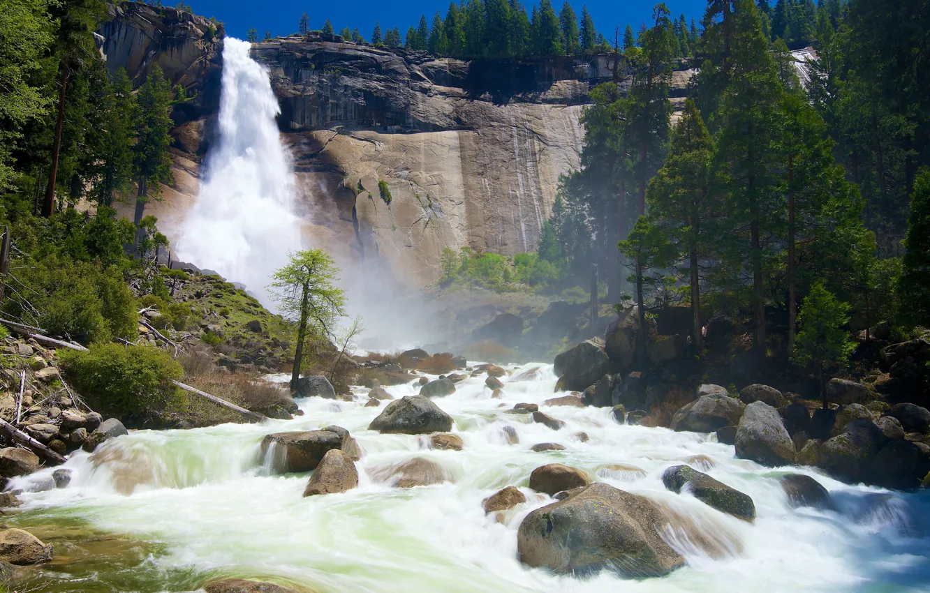 Photo wallpaper the sky, trees, mountains, river, stones, open, rocks, waterfall