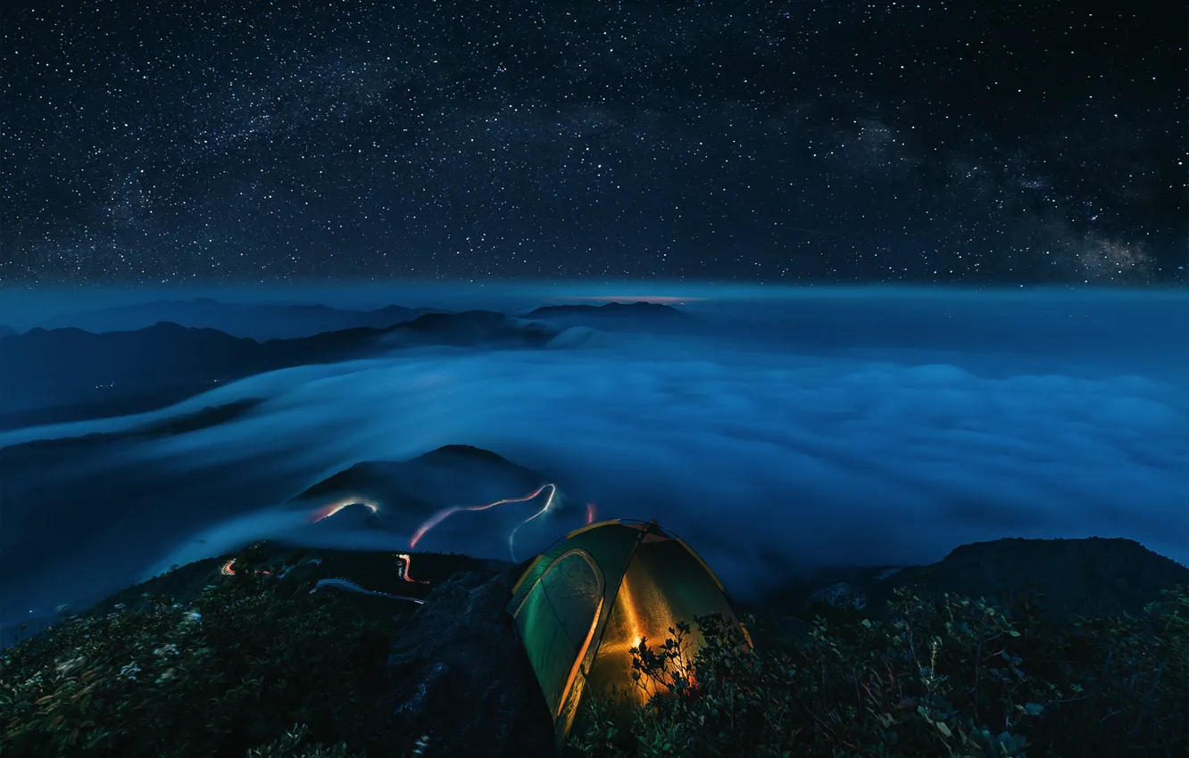 Photo wallpaper the sky, stars, mountains, night, tent