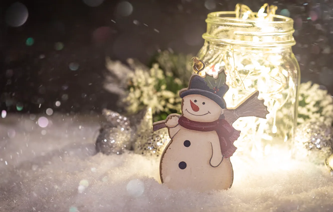 Photo wallpaper winter, light, snow, night, toy, new year, Christmas, the snow