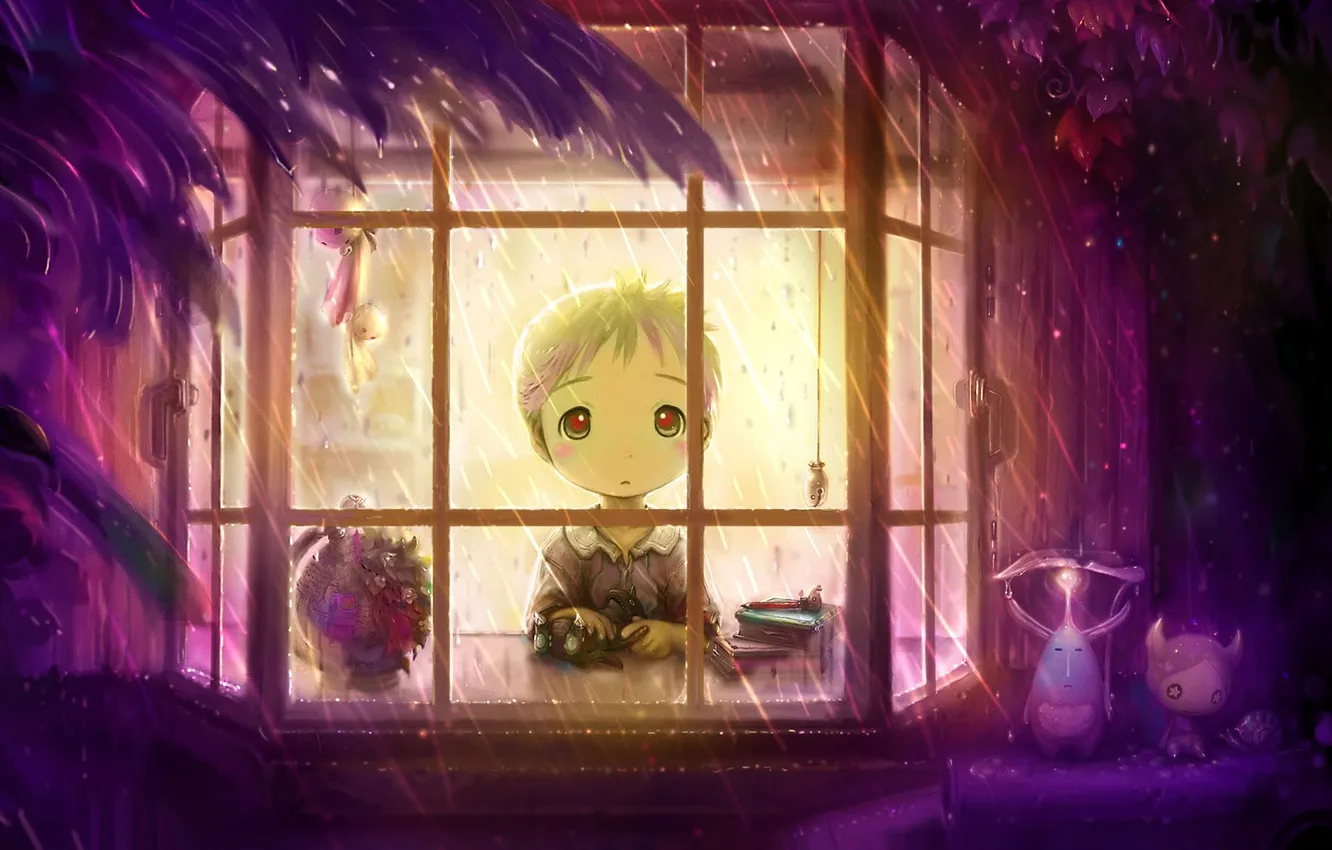 Photo wallpaper trees, children, rain, being, window