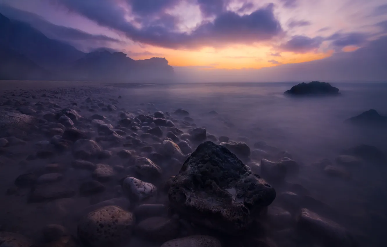 Photo wallpaper fog, lake, stones, dawn, shore, morning