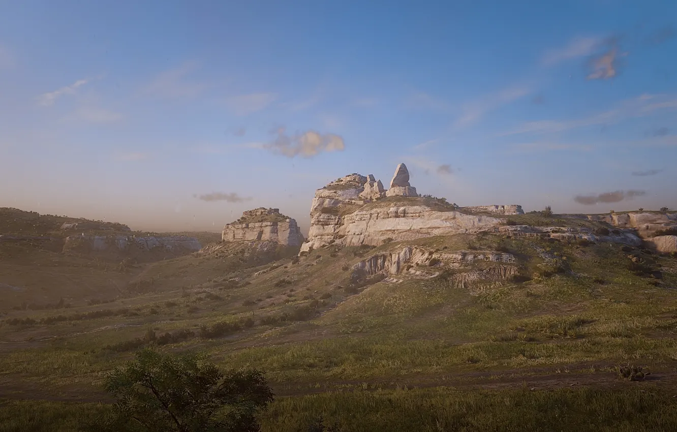 Photo wallpaper HDR, game, sky, landscape, clouds, rocks, UHD, Red Dead Redemption 2