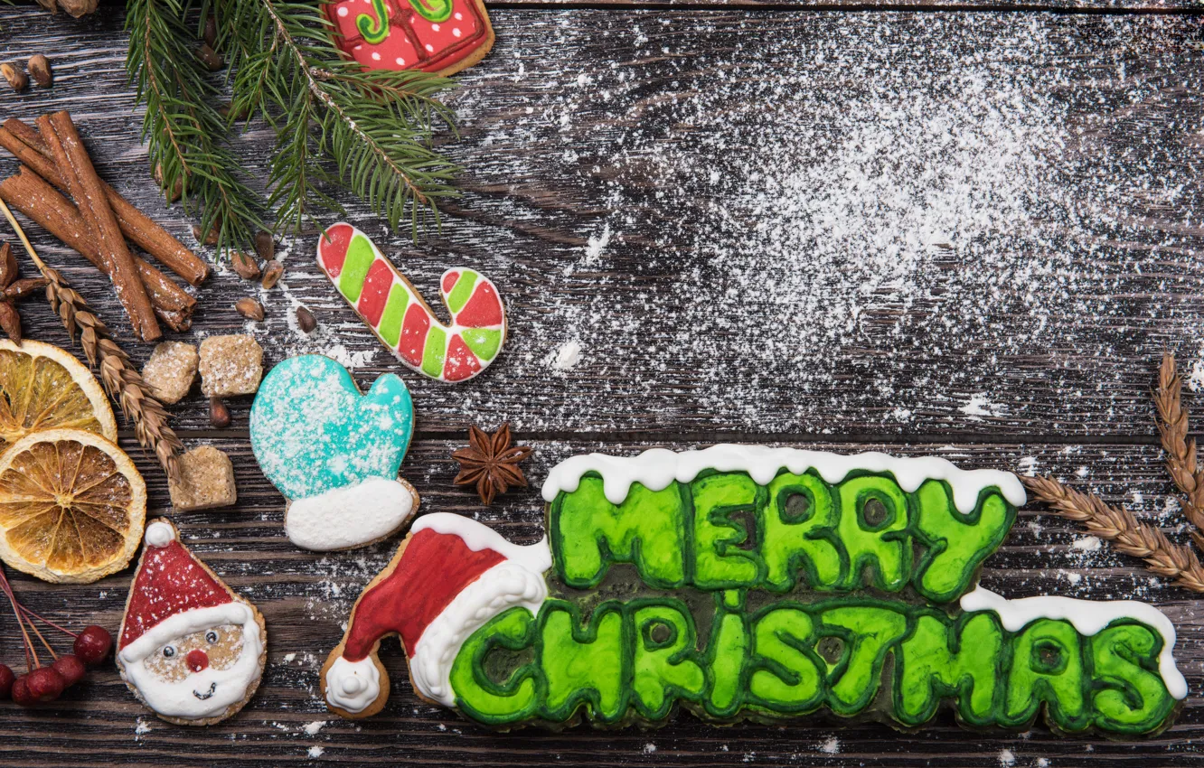 Photo wallpaper new year, cookies, Christmas, wood, merry christmas, cookies, decoration, gingerbread
