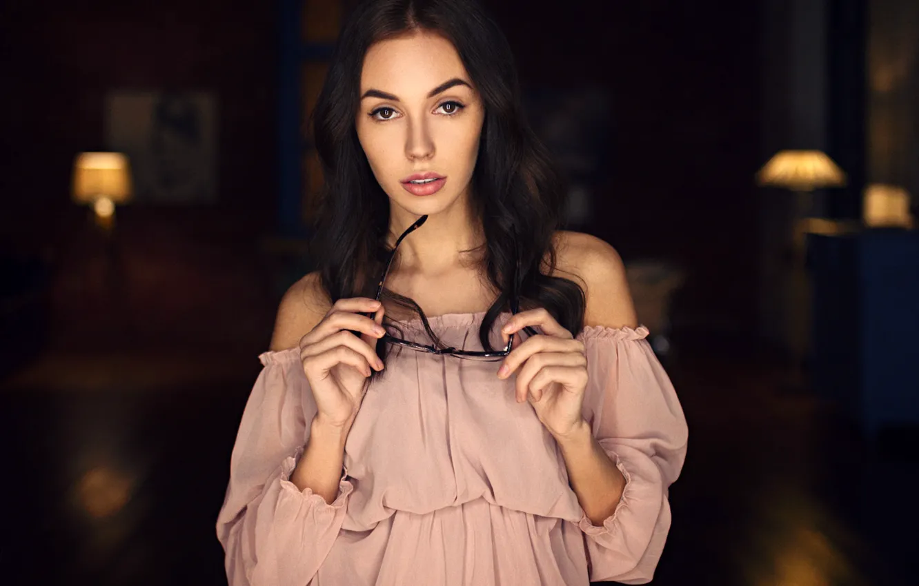 Photo wallpaper look, background, model, portrait, makeup, dress, brunette, glasses