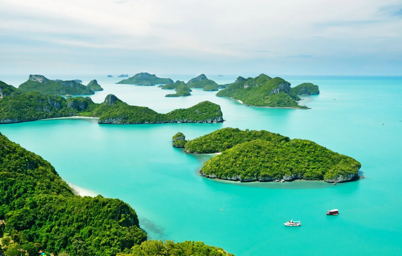 Photo wallpaper sea, greens, Islands, tropics, Thailand, Phuket, boats, the view from the top