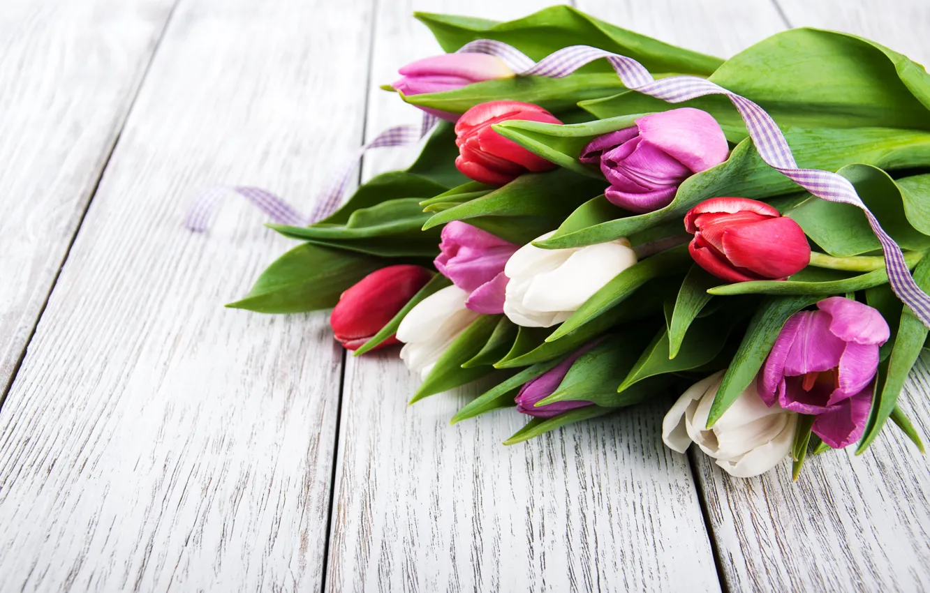 Photo wallpaper flowers, bouquet, colorful, tulips, wood, pink, flowers, tulips