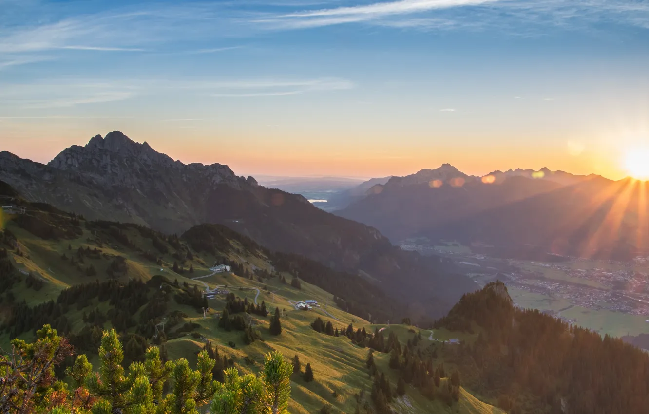 Photo wallpaper forest, the sun, clouds, rays, light, mountains, fog, blue