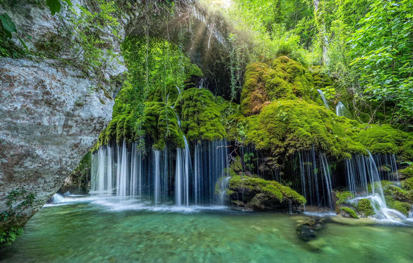 Photo wallpaper bridge, rocks, waterfall, moss