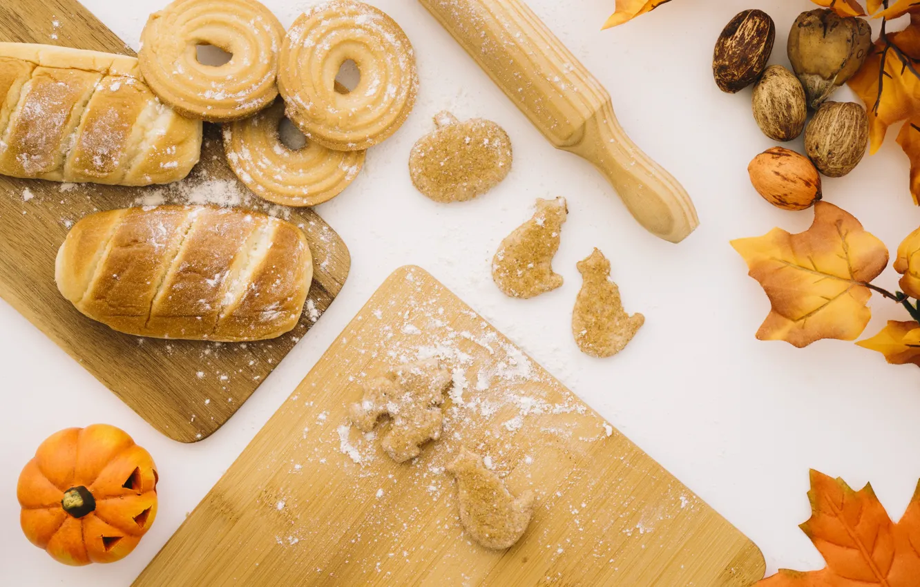 Photo wallpaper autumn, leaves, cookies, bread, pumpkin, cakes, flour, rolling pin