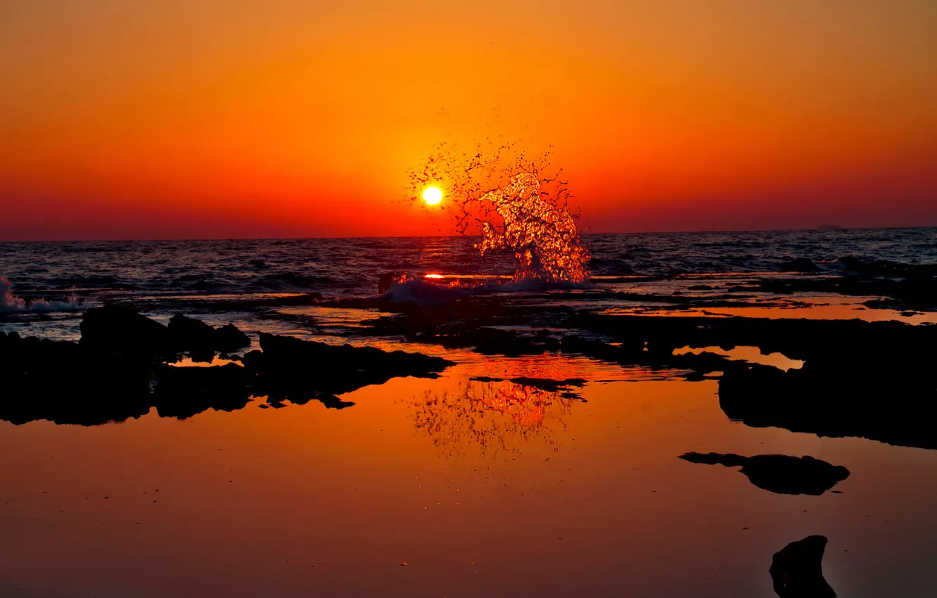 Photo wallpaper sea, wave, the sun, sunset, splash