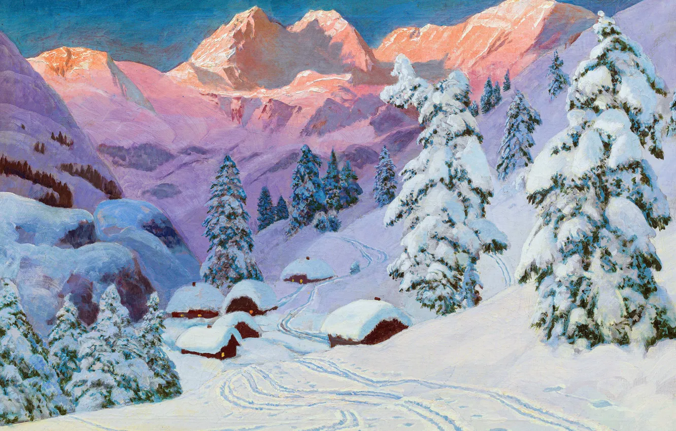 Photo wallpaper winter, snow, mountains, home, picture, ate, Alois Arnegger, Austrian painter