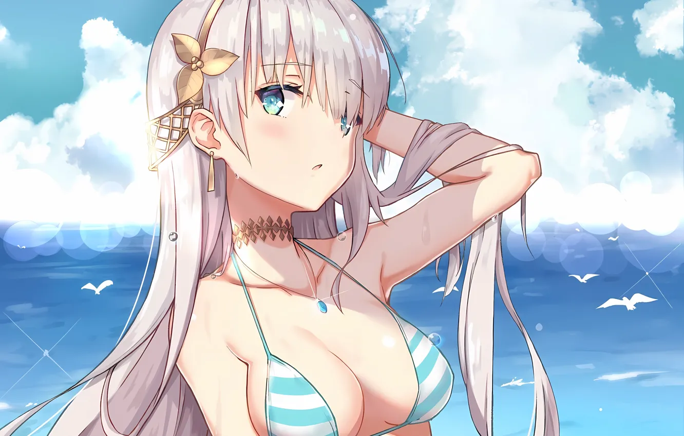 Photo wallpaper girl, sexy, Anastasia, cleavage, sky, long hair, sea, boobs