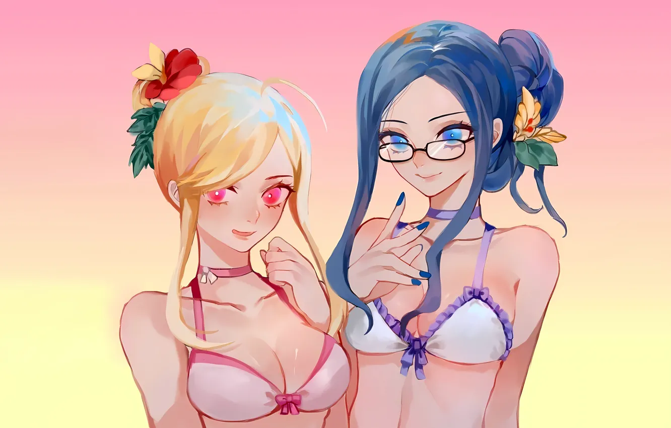 Photo wallpaper sexy, lingerie, bra, cleavage, long hair, girls, boobs, anime