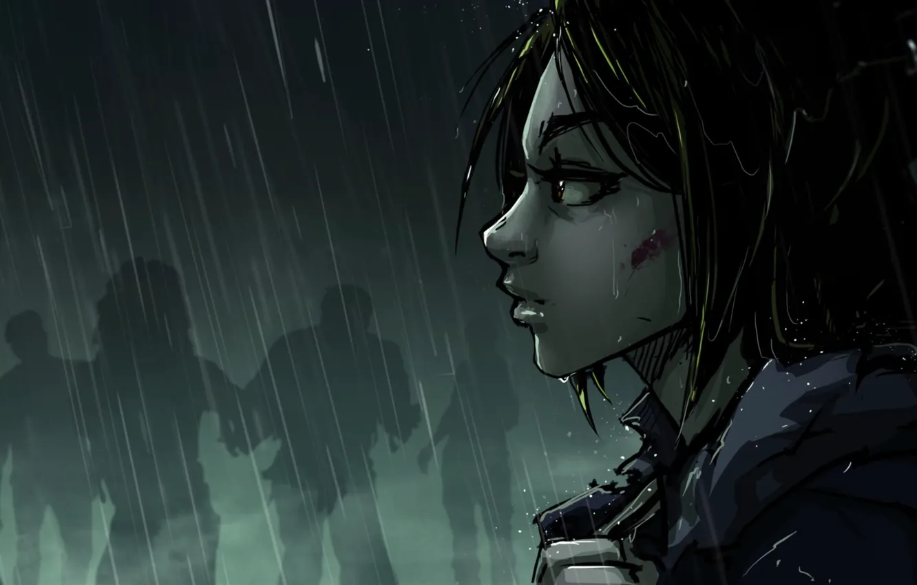 Photo wallpaper look, blood, jacket, zombies, girl, zombie, blood, rain