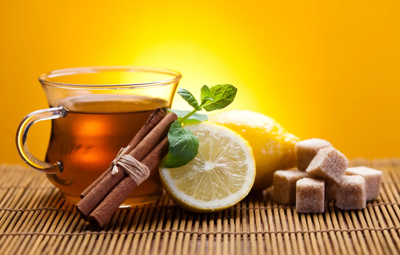 Photo wallpaper lemon, tea, sticks, Cup, sugar, cinnamon, Mat