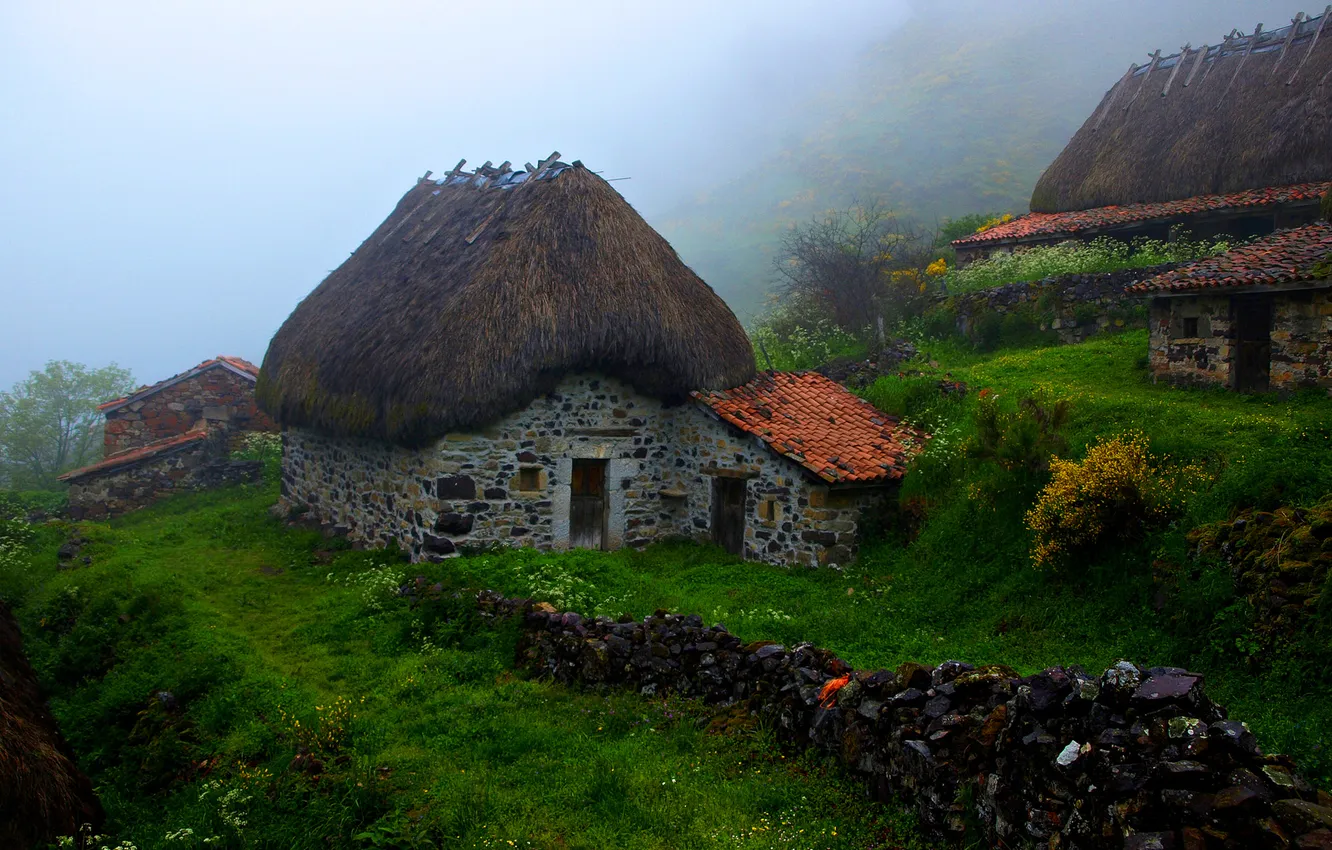 Photo wallpaper mountains, fog, home, Spain, Asturias
