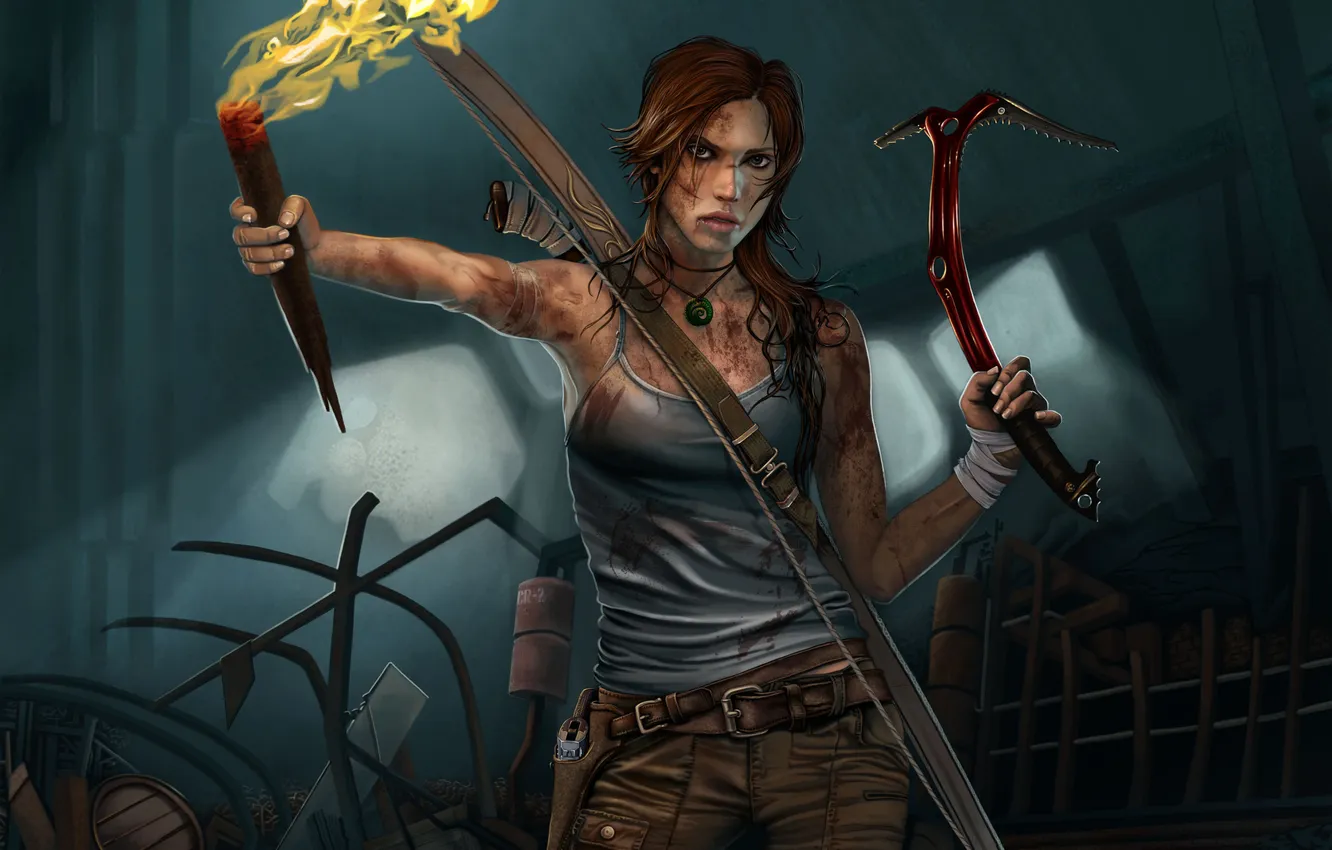 Photo wallpaper look, face, lights, weapons, Mike, bow, dirt, torch