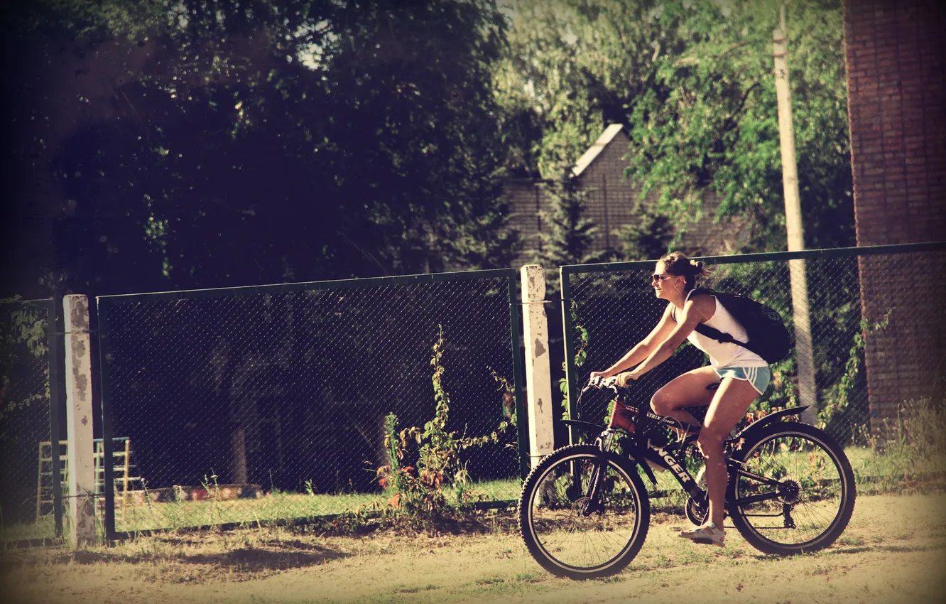 Photo wallpaper girl, bike, the fence