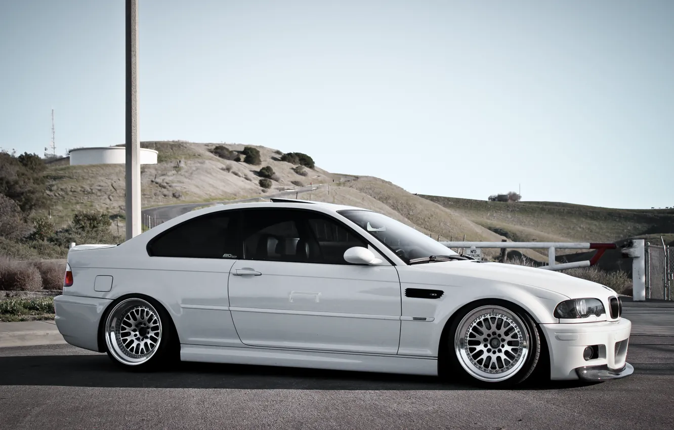 Photo wallpaper white, hills, BMW, post, BMW, white, E46