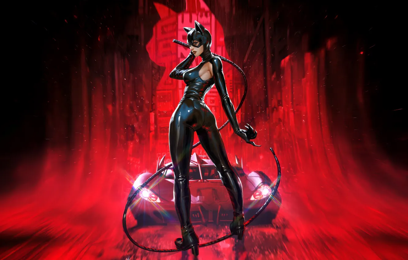Photo wallpaper red, pose, silhouette, superhero, Cat woman, whip, Catwoman, slim figure